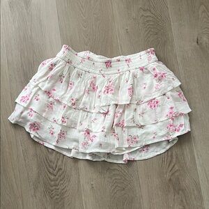 Hollister White Mini Skirt with Pink Floral Ruffle Tiers